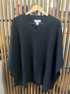 Nordstrom Black Wool Cashmere Blend V-Neck Cable Knit Poncho Sweater OS